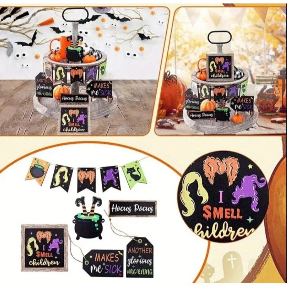 10pc Set Whimsical Halloween Hocus Pocus Tiered Tray Decor Set Witches Cauldron - Picture 3 of 7